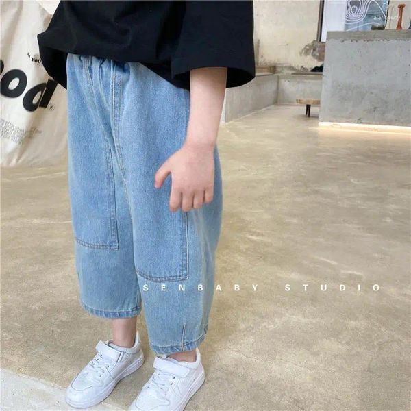 Брюки, джинсы для девочек, осень 2024, детские однотонные простые повседневные корейские свободные хлопковые джинсовые брюки до щиколотки для девочек