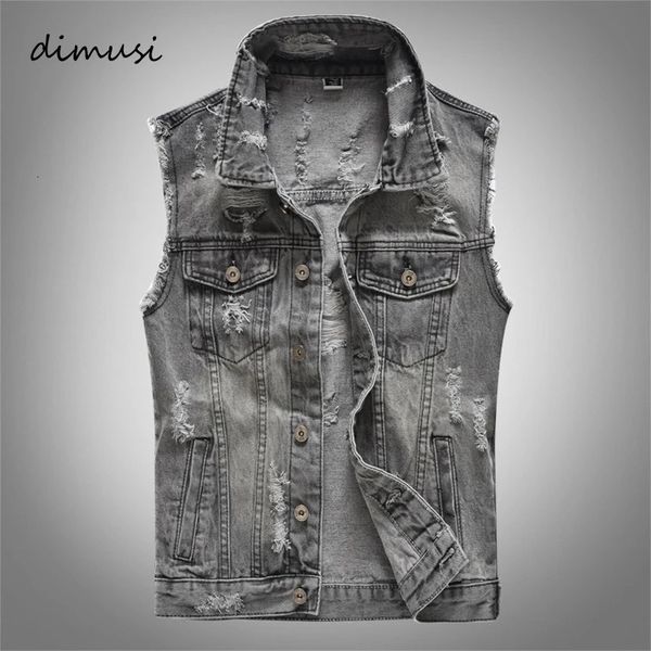 DIMUSI Primavera Design Vintage Mens Denim Colete Masculino Retro Sem Mangas Jaquetas Homens Rasgado Buraco Botão Jean Coletes Roupas 5XL 240202