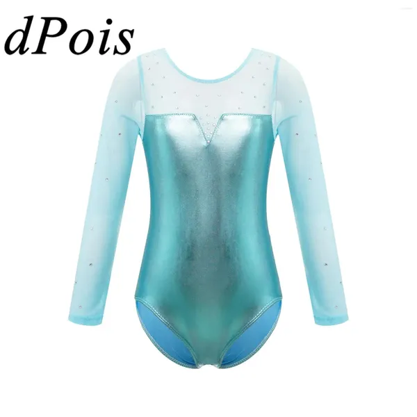 Stage Wear Childs Ginástica Bodysuit para Meninas Crianças Tule Manga Longa Brilhante Strass Metálico Ballet Dança Leotards Ginástico Macacão