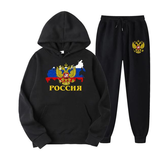 Rússia Emblema Nacional Impresso Homens Mulheres Conjuntos de Treino Casual HoodiePants 2pcs Conjuntos Moletons Oversized Moda Masculina Roupas 240202