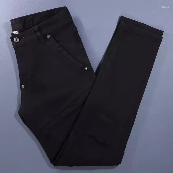 Jeans masculinos rua moda homens de alta qualidade preto estiramento fino ajuste emendado motociclista homme remendado designer hip hop denim calças