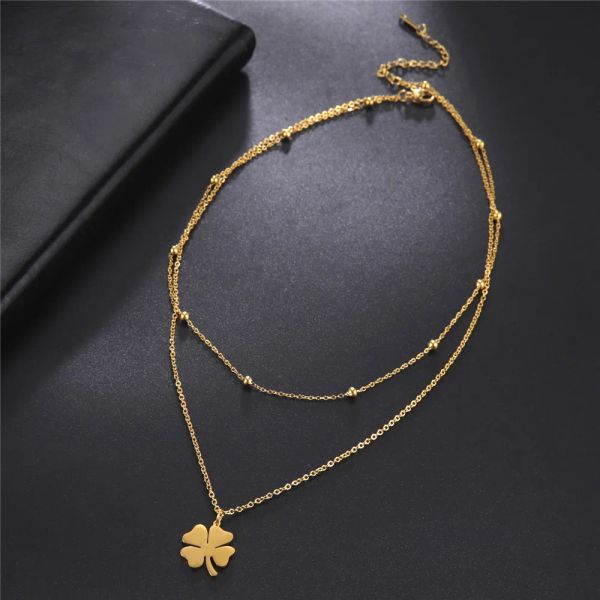 Skyrim Lucky Four Leaf Clover Halskette Edelstahl Goldfarbe Halsketten Charms für Frauen Mädchen Modeschmuck Großhandel Doppelschlüsselbeinkette