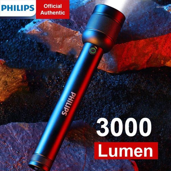 Lanternas tochas Philips SFL8468 3000 Lumens Lanterna poderosa com 6000mAh 18650 Bateria Lâmpada recarregável para autodefesa