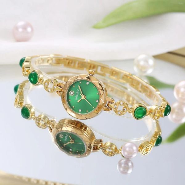 Relógios de pulso feminino luz luxo relógio marca moda verde jade diamante conjunto pequeno à prova dwaterproof água ouro moeda padrão pulseira watchv71