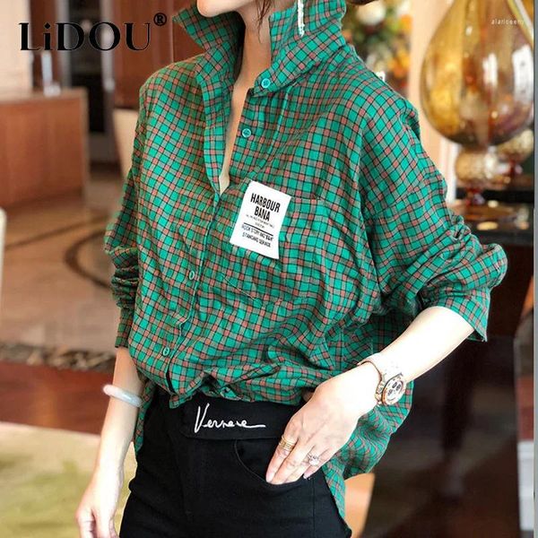 Женские блузки 2024, весенняя клетчатая рубашка с отложным воротником, женская мода, однобортный карманный кардиган, тонкие индивидуальные топы в корейском стиле