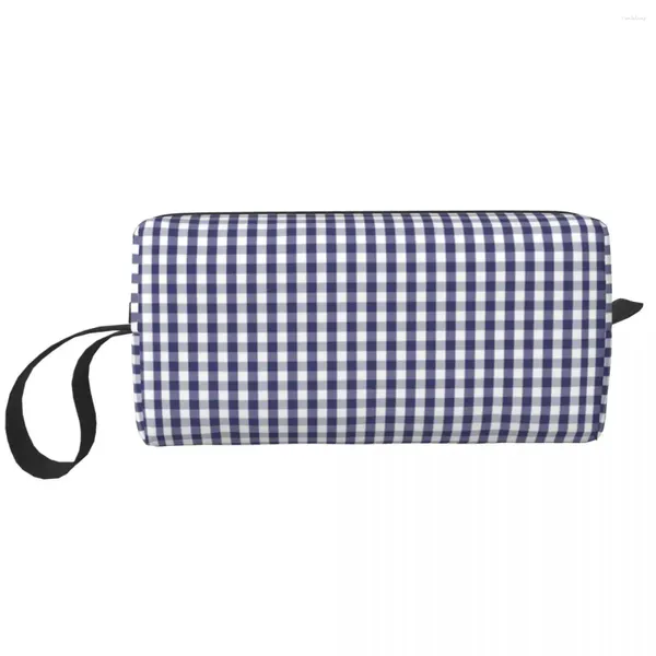 Sacos cosméticos Bandeira dos EUA Azul Grande Gingham Check Xadrez Maquiagem Bolsa Bolsa Homens Mulheres Higiene Pessoal Dopp Kit