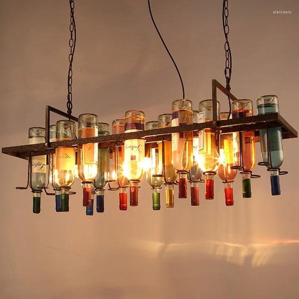 Pendelleuchten Vintage Retro Weinflasche Eisen LED-Licht LOFT hängen kreative Kronleuchter Bar Restaurant Cafe Küche Dekor Lampe