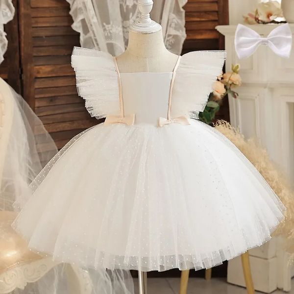 12 м белое платье для крещения для девочек, платье-пачка принцессы с рюшами и рукавами на день рождения, платье-пачка с цветочным узором для свадебной вечеринки, ткань для первого причастия 240131