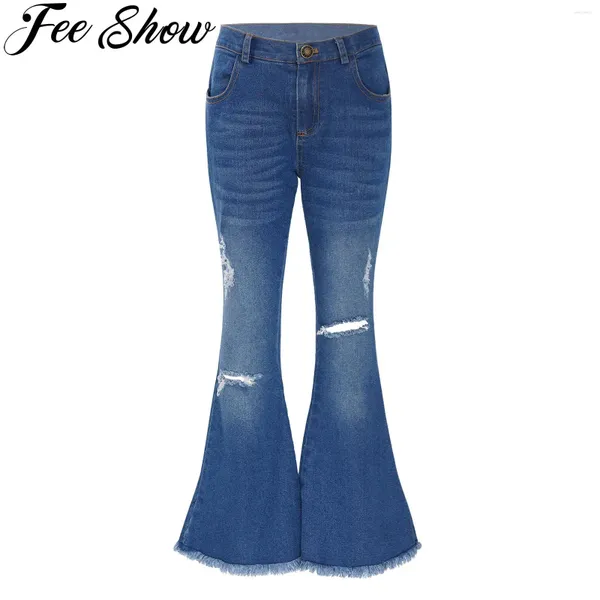 Calças primavera outono crianças meninas casual rasgado calças jeans flare jeans fechamento com zíper virilha sino inferior bainha crua