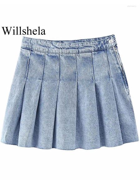 Saias Willshela Mulheres Moda Denim Luz Azul Sólido Plissado Side Zipper Mini Saia Vintage Cintura Alta Feminino Chic Lady