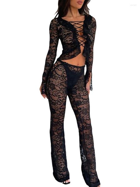 Mulheres camisetas Mulheres Lace Outfit Manga Longa Bandage Crop Top com Calças de Cintura Elástica Queda Sheer