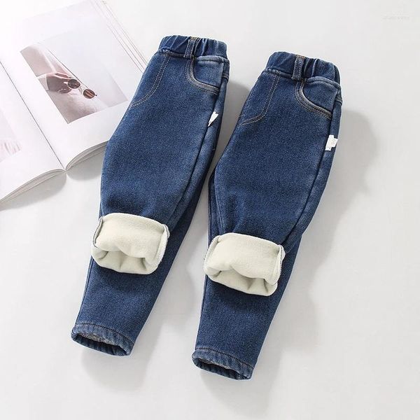 Calças infantis calças jeans lã veludo forrado jeans inverno outono crianças quentes bebê menino meninas jean cintura elástica