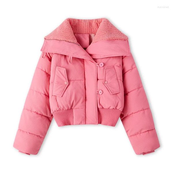 Trench da donna Cappotto in pelo di agnello con risvolto largo Giacca corta in cotone per donna 2024 Inverno Color caffè Cintura di fascia alta Cappotto di pane caldo Parka