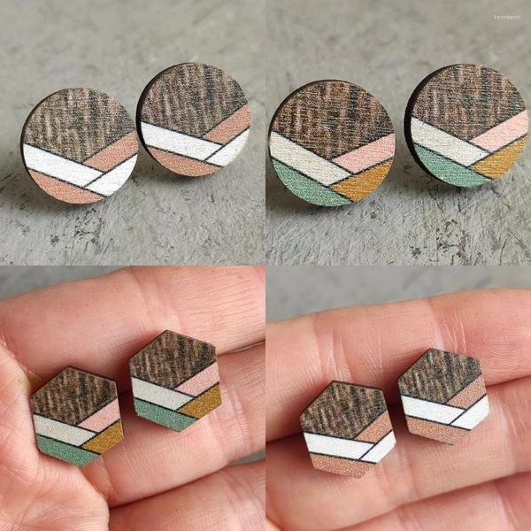 Orecchini a bottone Stampa in legno Strisce Rotonde Esagoni Geometriche in legno per donne Semplici regali minimalisti per gioielli autunnali