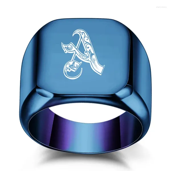 Anéis de cluster Kotik grande quadrado azul inicial de aço inoxidável para homens punk vintage festa de casamento 26 carta anel masculino jóias presentes
