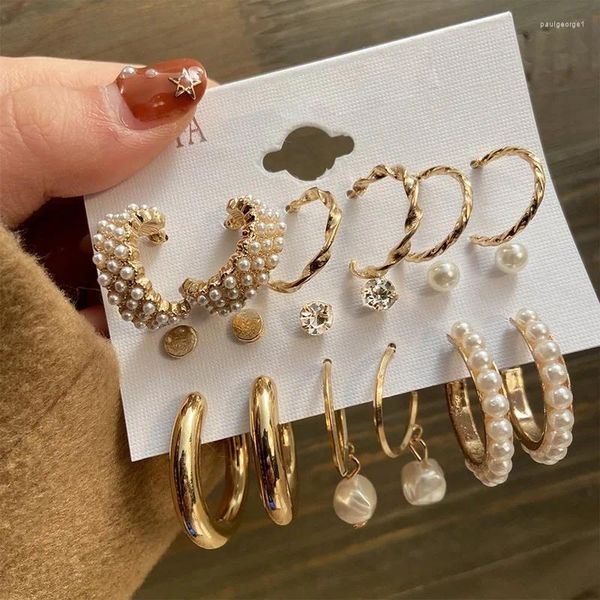 Collana di orecchini set color oro perla goccia punk cerchio vintage geometrico ciondola spago di metallo orecchino rotondo gioielli semplici e alla moda