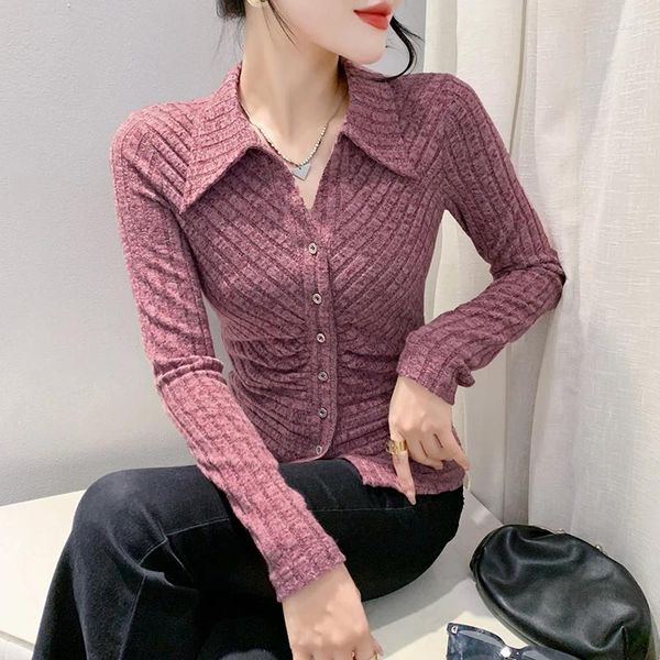 Camicette da donna Camicetta a pieghe sottile Camicetta da donna sexy retrò tinta unita con risvolto Coreano manica lunga pieghe Design Camicia con colletto a polo Abiti autunnali