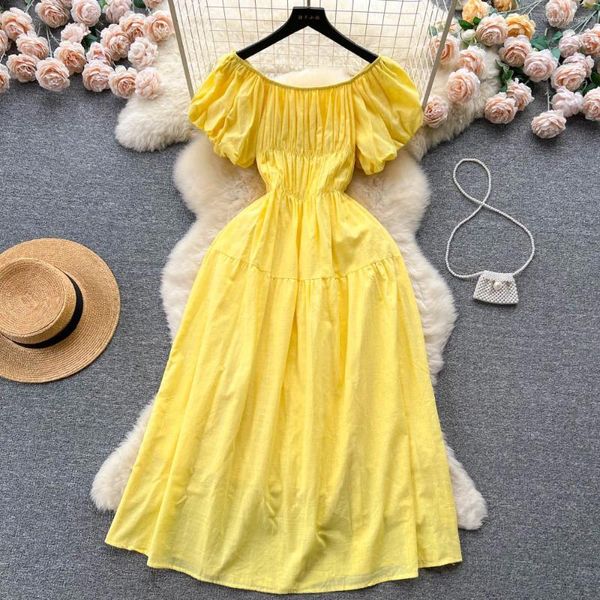 Vestidos de festa coreano estilo youwe vestido de verão feminino 2024 sólido o pescoço manga curta puff cintura elástica uma linha midi com forro