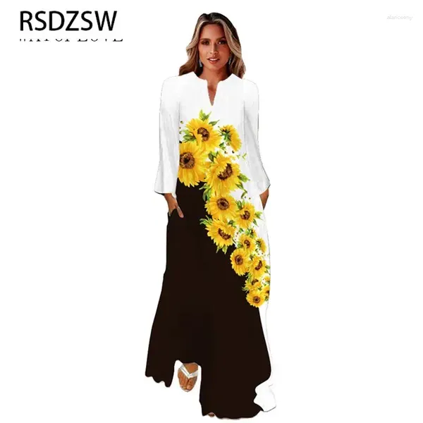 Casual Kleider Herbst Winter 2024 Kleid Langarm Strand Frau Elegante Ferien Sonnenblume Druck Frauen Party