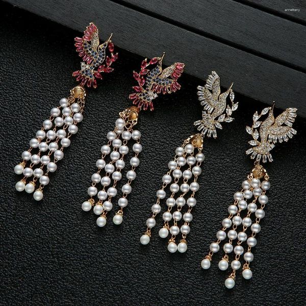 Brincos pendurados de luxo animal pérola brinco para mulheres casamento zircônia cúbica dubai festa de noiva acessório de joias e10064