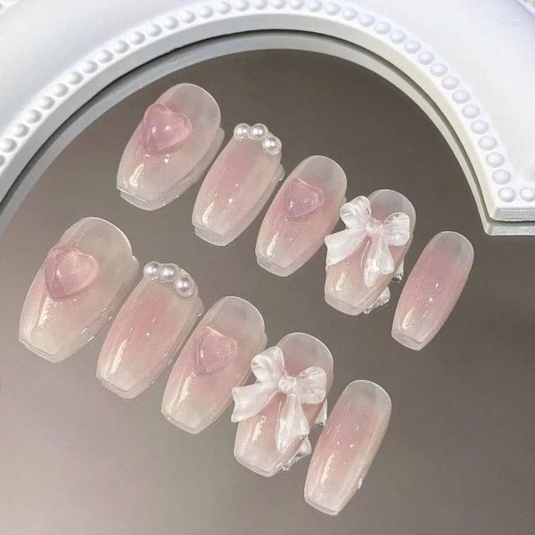 Unhas Falsas Bonito Doce Princesa Removível Artesanal Desgaste Nail Art Menina Curto Falso Blush Bow Patch Adesivo