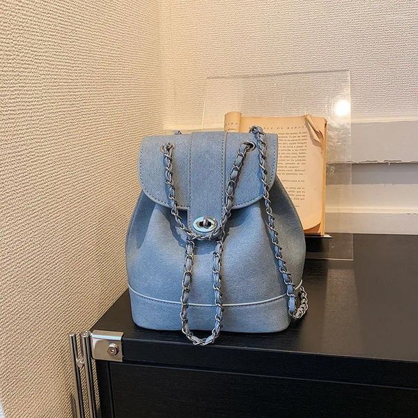 Borse da scuola Zaini da donna da viaggio casual Borsa a tracolla per pendolari con catena di moda semplice Harajuku Zaino per studenti universitari in denim vintage blu