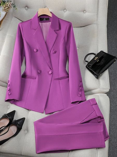 Mulheres terno elegante roupas duplo breasted roxo 2 peças jaqueta feminina escritório senhoras negócios trabalho wear formal blazer 240127