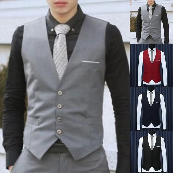 Moda masculina coletes colete cor sólida com decote em v sem mangas botões blazer plus size formal jaqueta de negócios coletes 240125