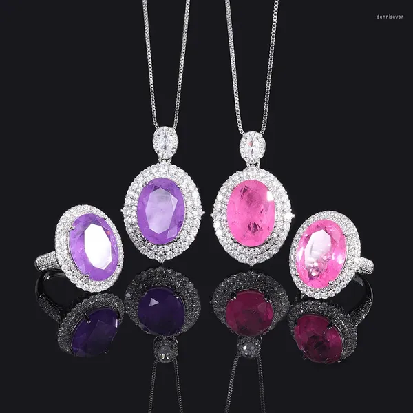 Halskette Ohrringe Set EYIKA Luxus Brasilien Schmuck Für Frauen Oval Cut Lila Rosa Farbe Fusion Stein Anhänger Ring Hochzeit Party