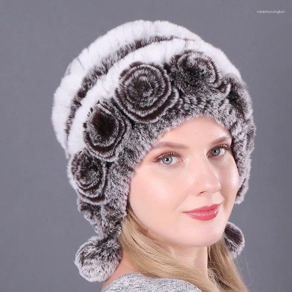 Ball Caps Outdoor Ohr Warme Blumen Ohrenschützer Mützen Frauen Pelzmütze Für Winter Natürliche Rex Kappe Russische Weibliche Kopfbedeckungen