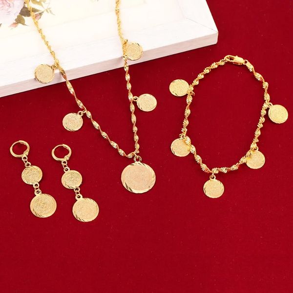 Pulseira colar brincos conjunto alemanha espanha frança moeda sinal de dinheiro feminino 24k cor ouro preenchido árabe áfrica europa jóias 240125