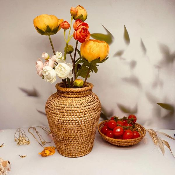 Garrafas de armazenamento atacado outono rattan tecelagem mesa vaso tiro adereços móveis americanos cesta flor