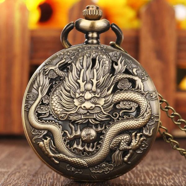 Карманные часы, винтажные бронзовые кварцевые часы с изображением дракона и зодиака с ожерельем и цепочкой, подарок для мужчин и женщин, хронограф Hombre Relojes