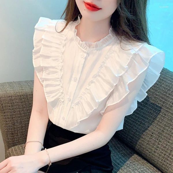 Frauen Blusen Sommer Frau Rüschen Hals Fliegende Ärmel Chiffon 2024 Mode Elegante Weiße Ärmellose Tops Koreanische Kleidung 27482