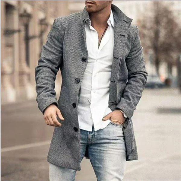 Manto longo dos homens terno jaquetas outono manga botão casual inverno outerwear casaco roupas masculino dedicado trench coat 240118
