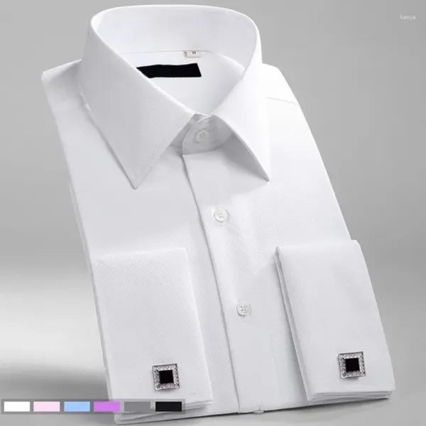 Camisas casuais masculinas M-6XL Mens Francês Cuff Vestido Camisa 2024 Branco Manga Longa Botões de Negócios Formal Ajuste Regular Abotoaduras Casamento