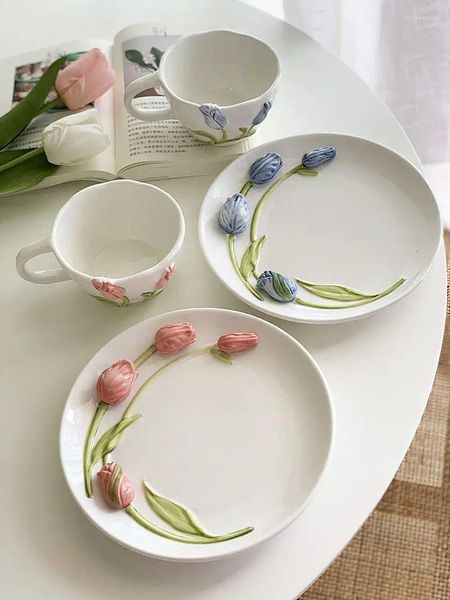 Piatti in stile coreano In rilievo tridimensionale Tulipano Tazza in ceramica Ciotola Piatto da caffè Set da tavola occidentale per la casa