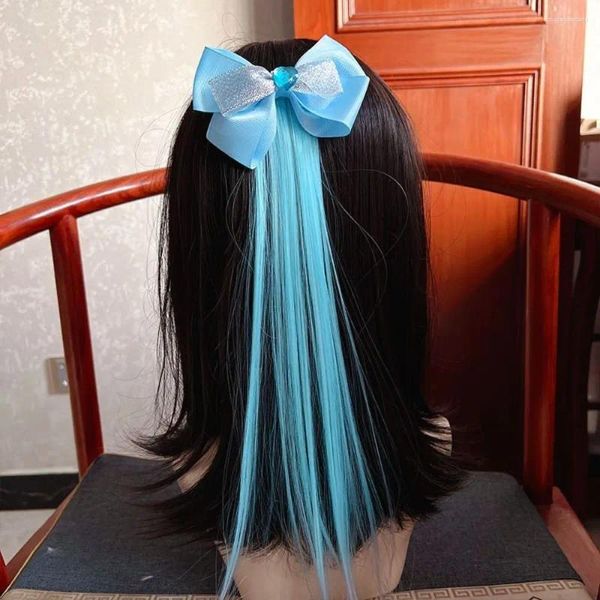 Аксессуары для волос Реквизит Синтетические подарки на день рождения Пушистый синий парик с бантом Длинный прямой хвост Градиентный шиньон Косы для девочек