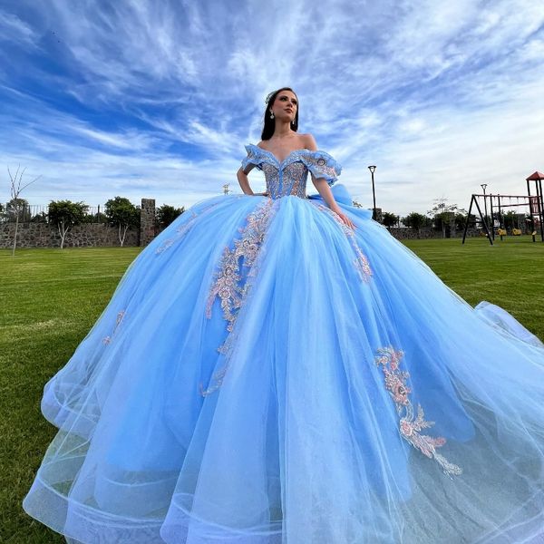 Небесно-голубое платье Quinceanera, бальное платье с аппликацией, кружевное платье из тюля с бусинами, платье для выпускного вечера Sweet 15 16, вечерние платья на день рождения 15 лет, принцесса мисс