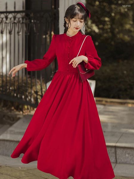 Vestidos casuais vintage puff manga retro grande balanço temperamento cintura alta borgonha vermelho midi vestido longo para mulheres robe longue femme