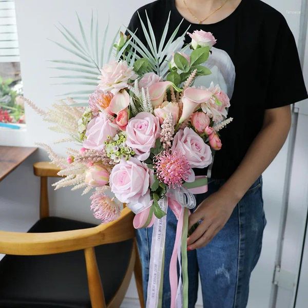 Fiori nuziali NZUK Bouquet da sposa artificiale Decorazione country Fiore all'occhiello romantico all'aperto di eucalipto rosa