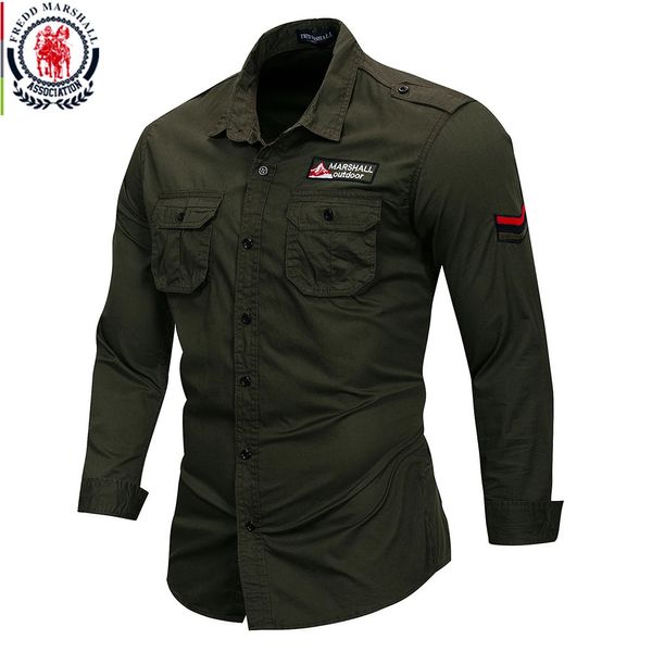 Fredd Marshall Camicia militare in cotone 100% Camicia da uomo a maniche lunghe casual Camicia da lavoro cargo maschile con ricamo 115 240118