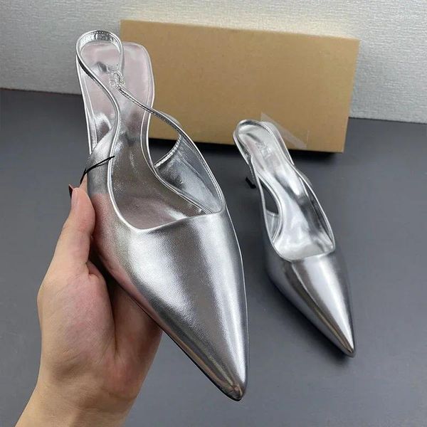 Elbise ayakkabıları seksi yüksek topuklu parti kadın pompaları 2024 sonbahar sivri uçlu rahat sığ gümüş slingbacks lüks tasarımcı bayanlar