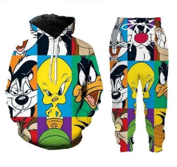 Novos homens/mulheres dos desenhos animados looney tunes engraçado impressão 3d moda treino calças hip hop + hoodies conjuntos de treino ra50