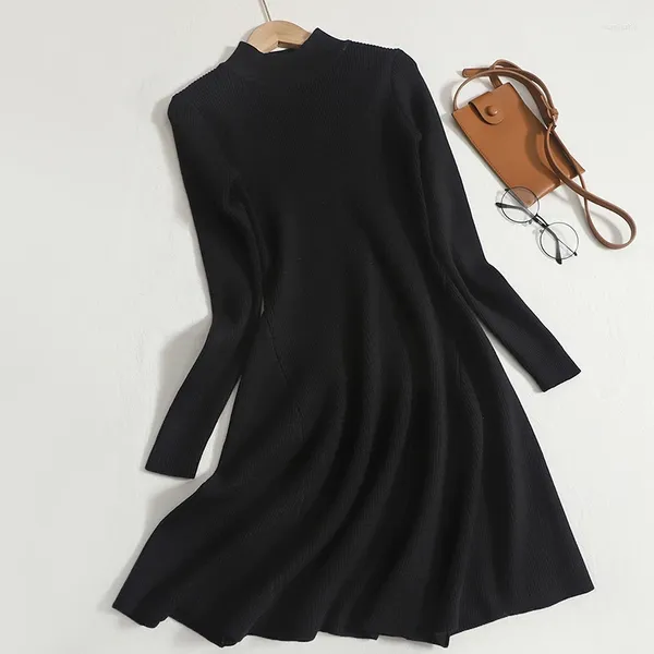 Повседневные платья, черное трикотажное платье с полувысоким воротником для женщин, осень-зима, тонкий элегантный свитер с длинным рукавом