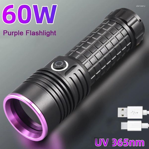 Lanternas Tochas Poderosa 365NM UV Lanterna Preto Espelho Roxo Luz 60W Fluorescente Óleo Detecção de Poluição Tocha Tipo-C Recarregável