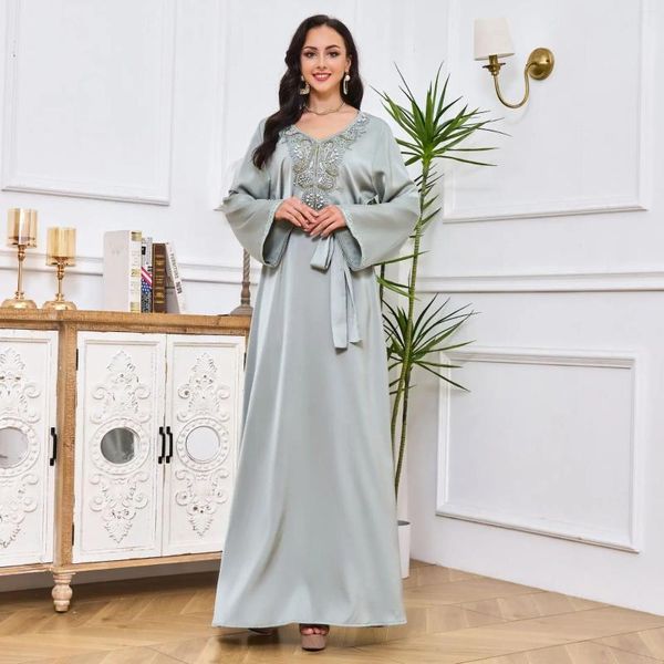 Ethnische Kleidung Eid Muslim Kleid Frauen Abaya Perlen Big Swing Abendkleider Islam Gürtel Kaftan Dubai Lange Robe Kimono Khimar Abayas