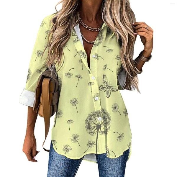 Blusas femininas dandelion desejos blusa borboleta impressão escritório trabalho design casual feminino rua moda camisa verão roupas de manga longa