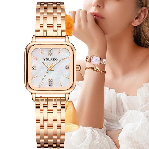Роскошные бренды, женские кварцевые часы, модные квадратные часы с бриллиантами, дизайн поверхности ракушки золотого цвета, часы с тонким металлическим ремешком 240118