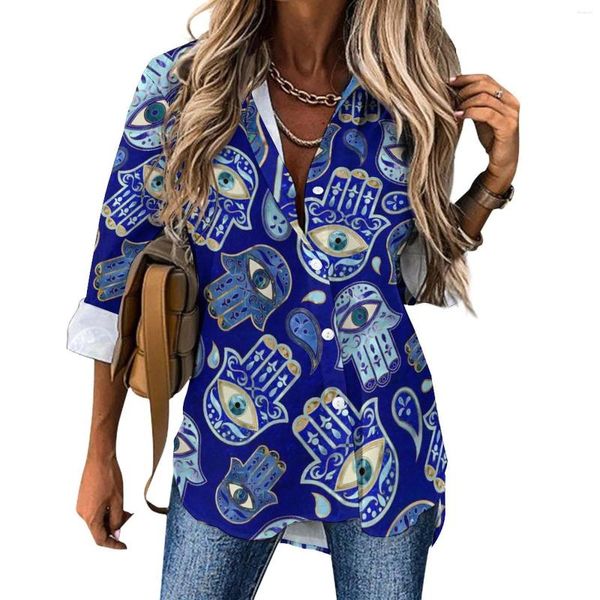 Camicette da donna Camicetta blu malocchio Camicetta da donna Mano di Fatima Street Wear Primavera allentata Manica lunga Camicie carine Modello Top Big Size